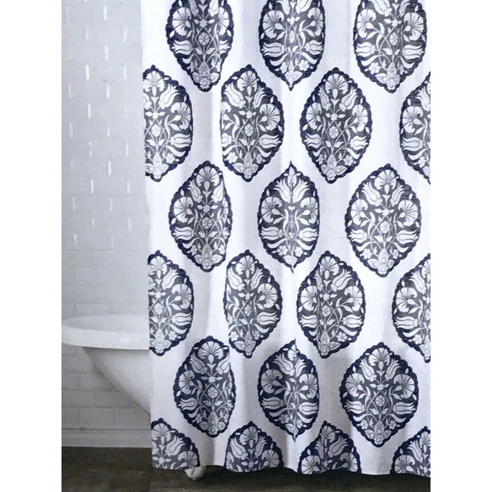 Southern Living Hayden Shower Curtain Navy White Floral Medallion Print Cotton